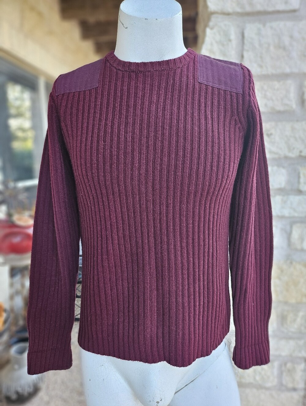 LL Bean Commando Sweater Wool Cable Knit Elbow Patches Maroon Womens M